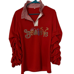 Red Women's Christmas Blouse with Ruffled Sleeves medium nwot
